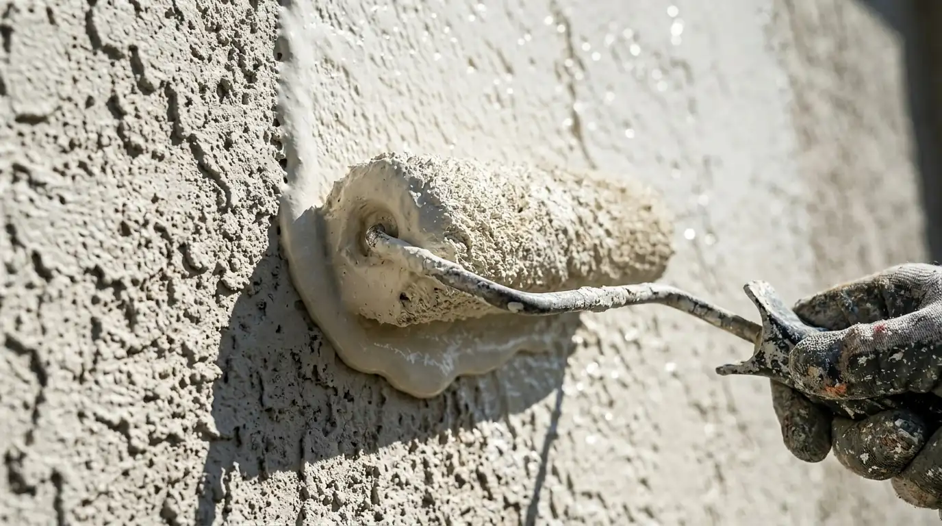 Close view of a roller spreading thick elastomeric coating over textured stucco in bright Gulf Coast sunlight