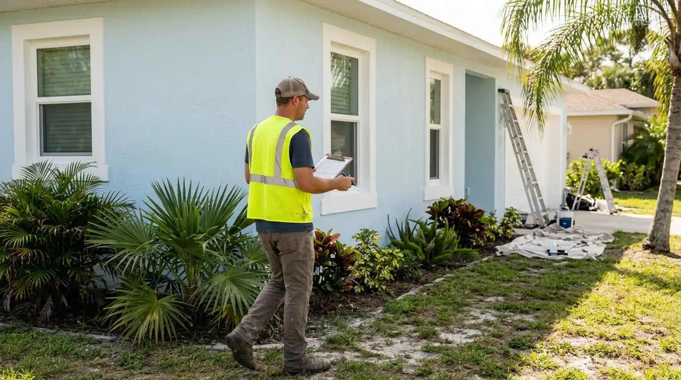 Crew lead walking a freshly painted Florida home exterior with a clipboard checking trim and caulk lines