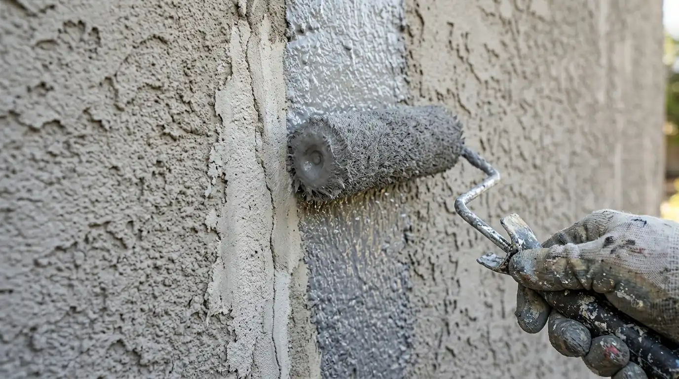 Close view of a roller pressing gray masonry primer into a freshly patched stucco crack