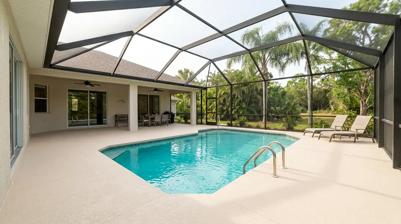 Freshly coated light sand pool deck around a turquoise pool inside a screened lanai on a Sarasota home