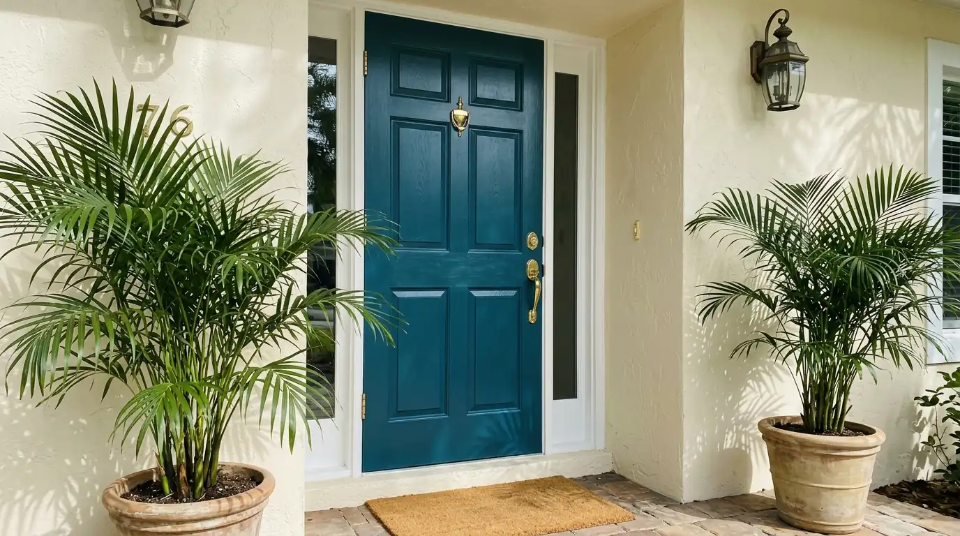Freshly painted deep teal front door on a cream stucco Sarasota home with potted palms and brass hardware
