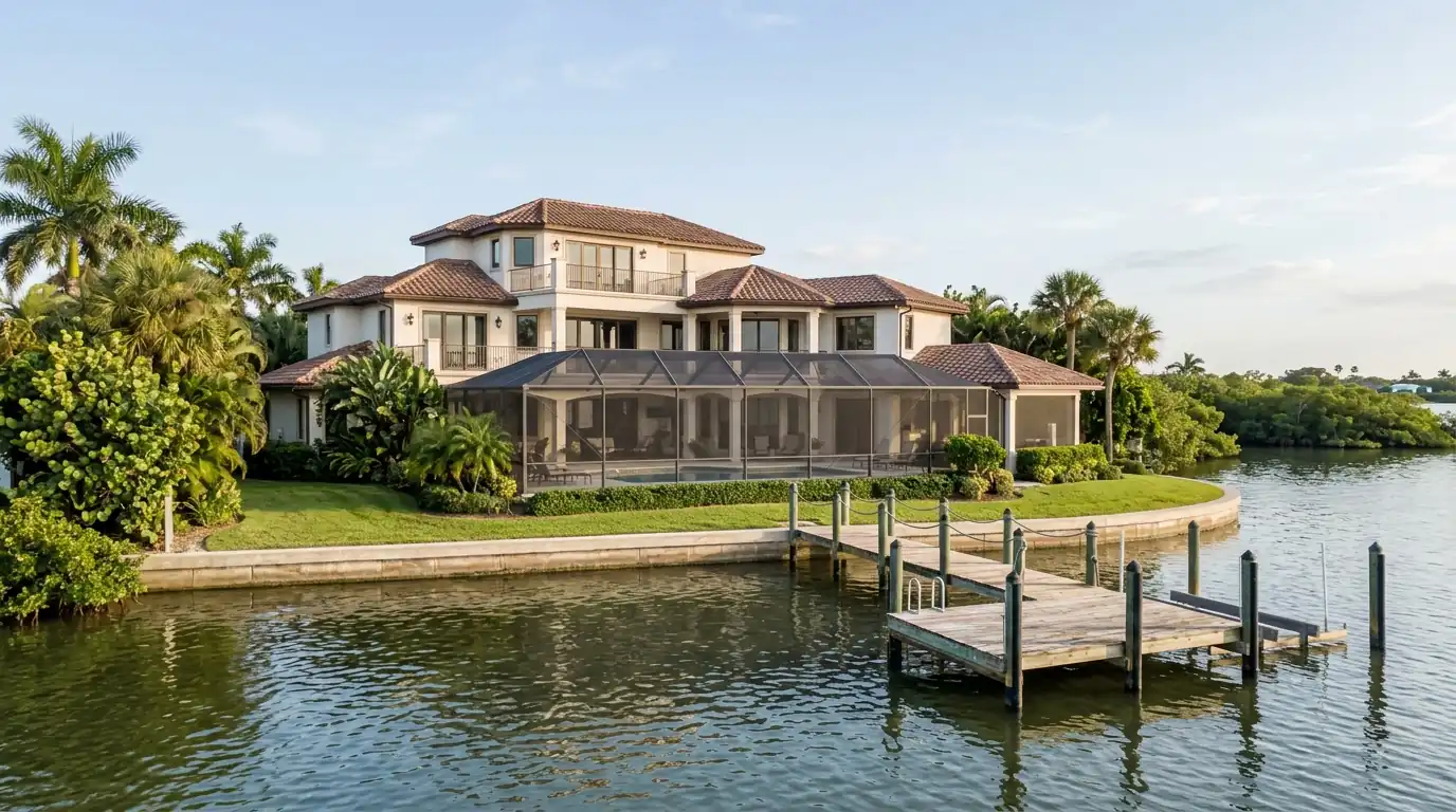 Large bayfront stucco home with a wood dock and screened pool area along calm water in Osprey