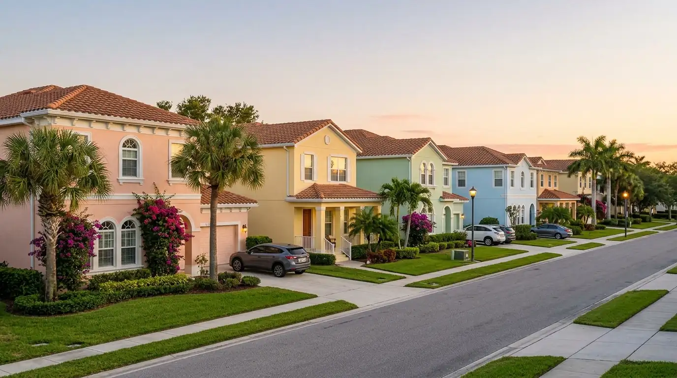 Evening light over a Venice Florida street of freshly painted stucco homes in pastel tones