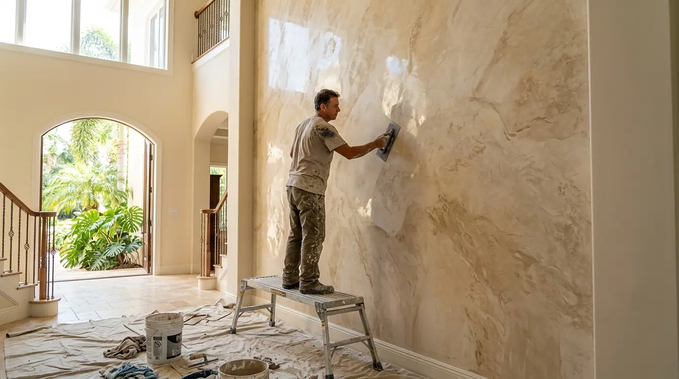 Artisan troweling polished Venetian plaster in warm stone tones on a tall entry wall of a Sarasota home