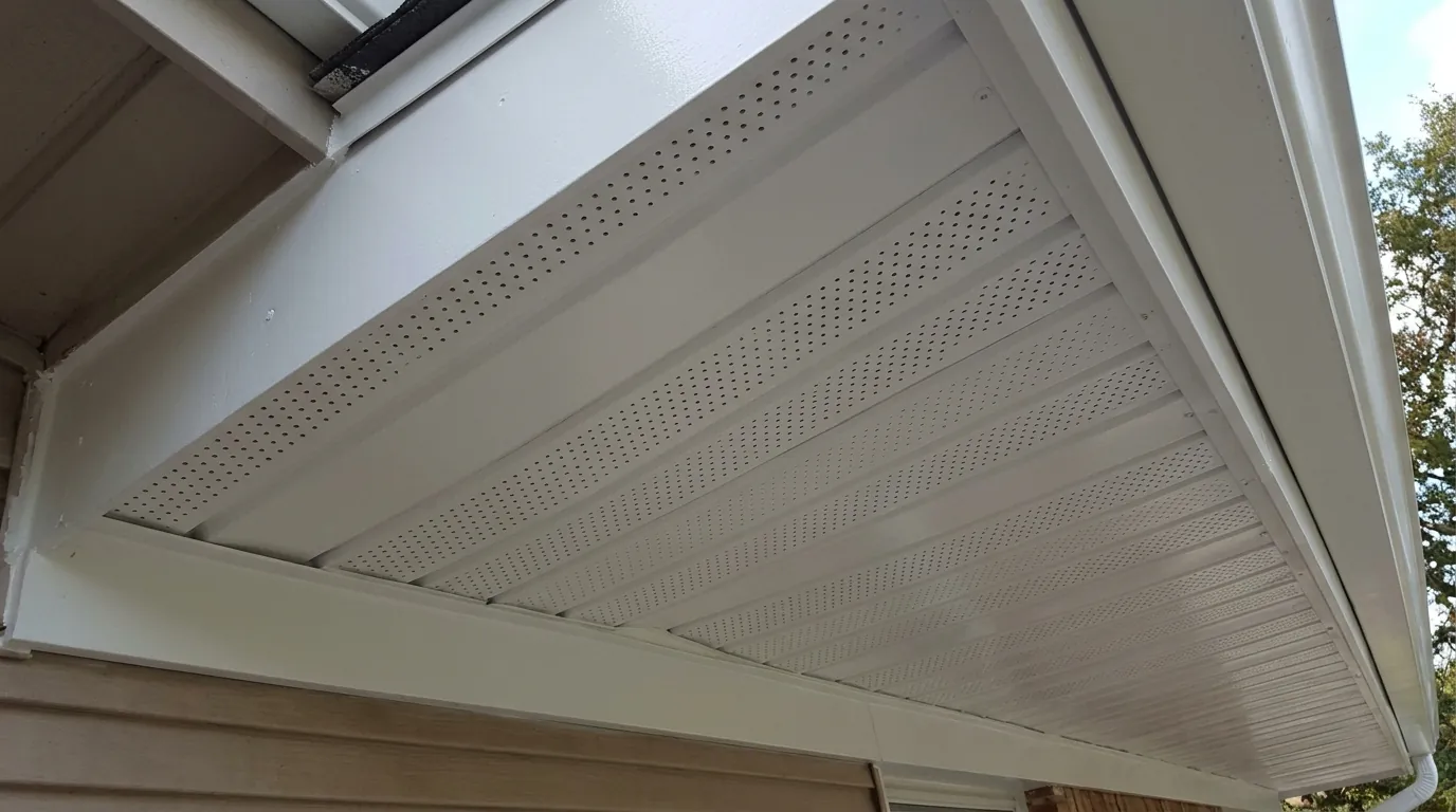 Underside of a freshly painted vented soffit with clean perforations and crisp white fascia edge