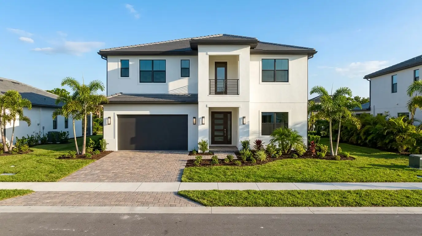 Newly built two-story stucco home with fresh white exterior paint under a blue sky in a Sarasota development