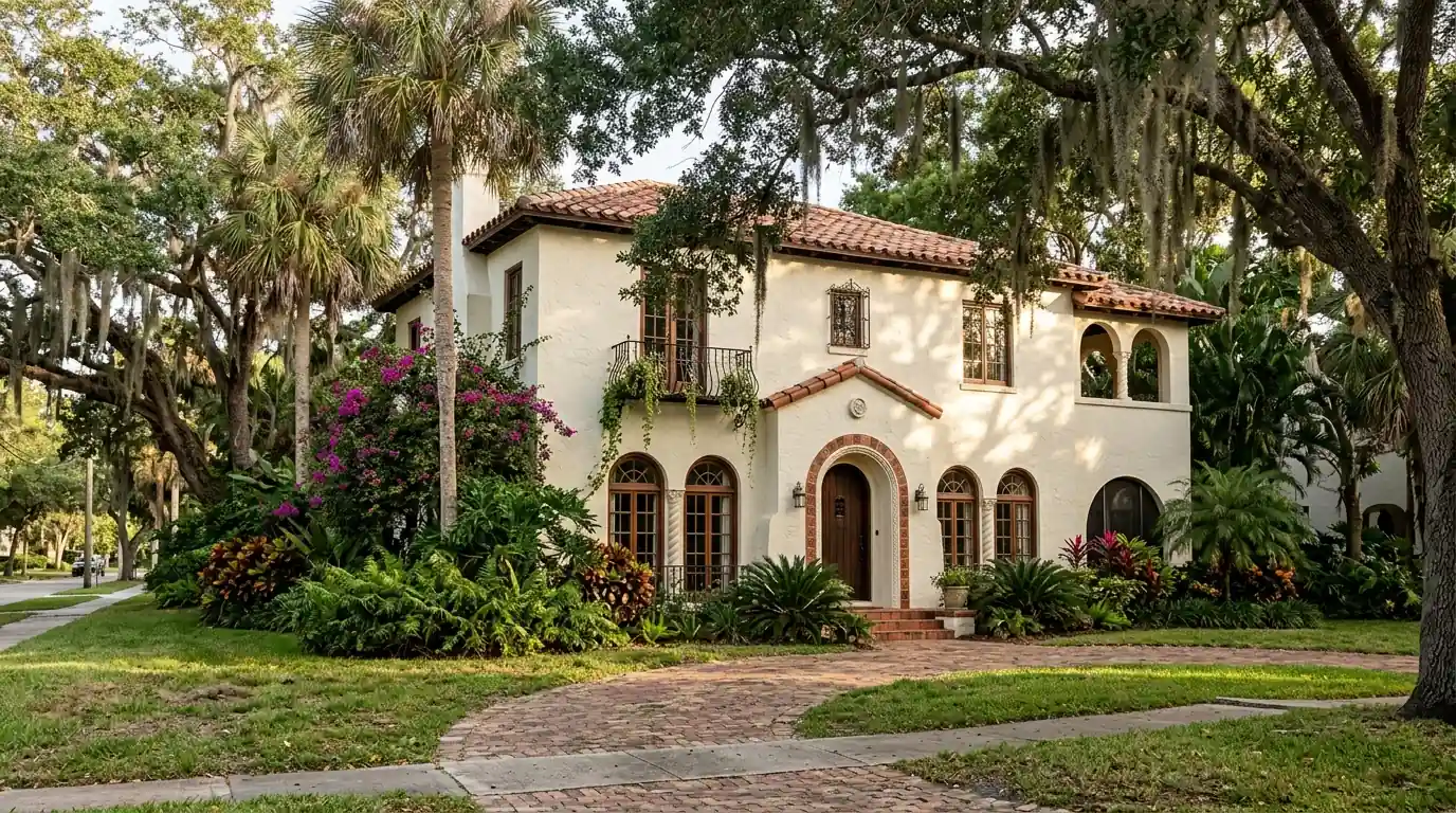 1920s Mediterranean Revival home in McClellan Park, Sarasota, with fresh warm ivory stucco, terracotta tile accents and arched windows