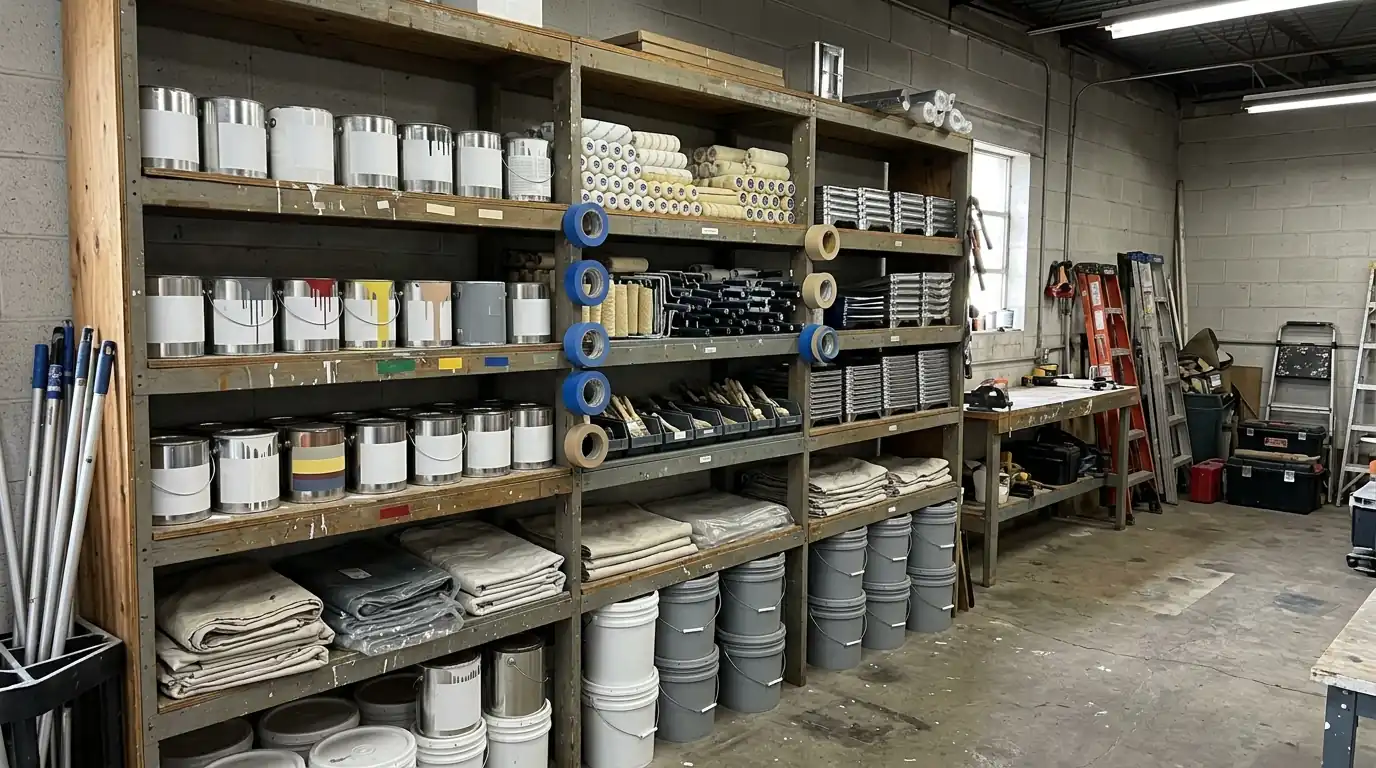 Neatly organized paint supplies, rollers and labeled cans on shelves in a small painting company workshop