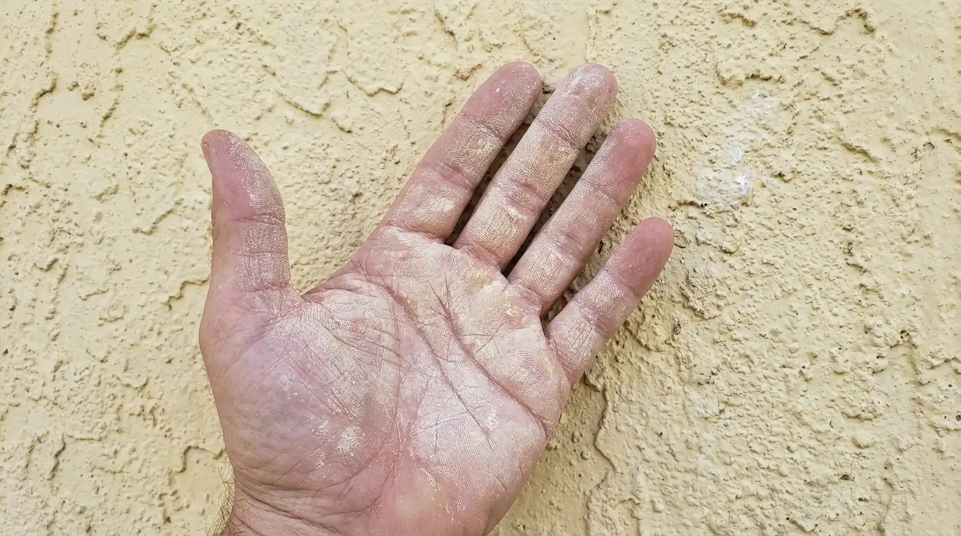 Close view of chalky exterior paint residue on a palm held against a pale yellow Florida stucco wall