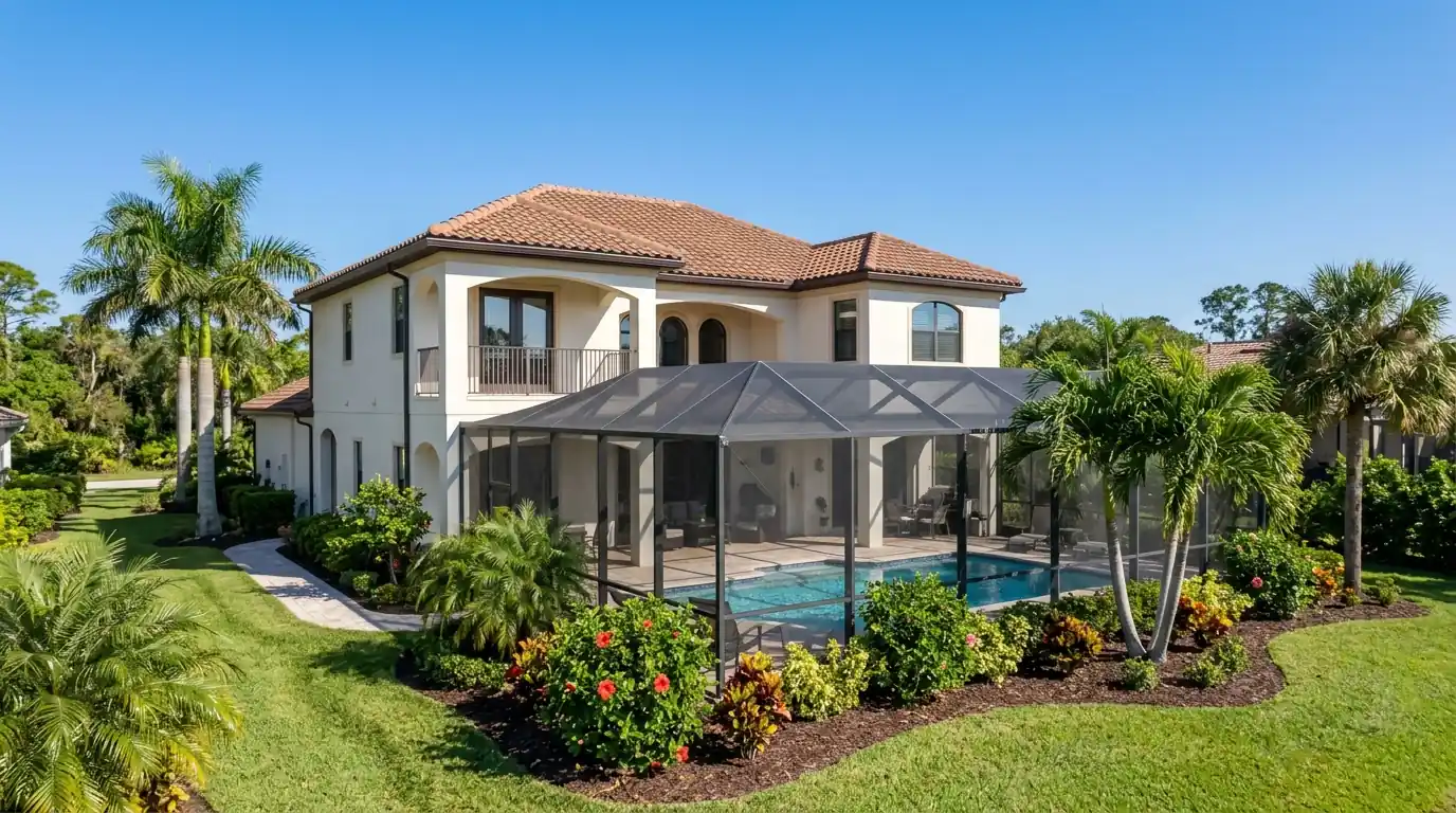 Two-story stucco home with barrel tile roof and screened pool cage under a clear blue sky in Sarasota County