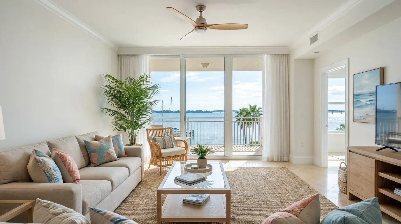 Bright painted living room in a Sarasota condo with soft white walls, crisp baseboards and a bay view through sliding doors