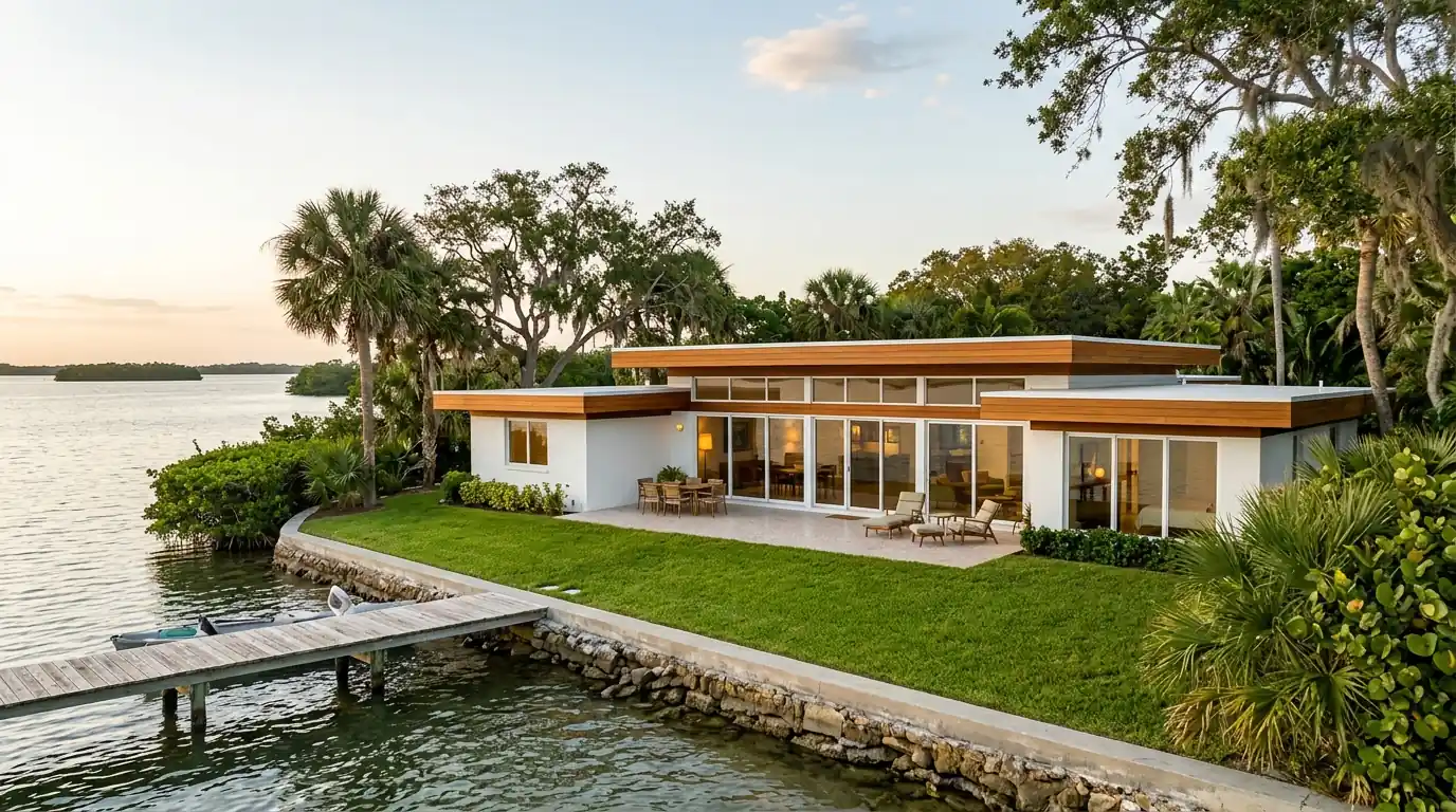 Mid-century bayfront home in north Sarasota with a flat roof, fresh white stucco, warm wood fascia and wide glass facing the water