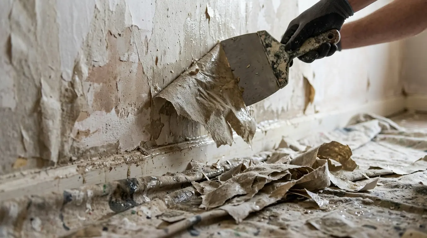 Wide scraper lifting softened wallpaper backing from a wall with damp curled strips on a drop cloth
