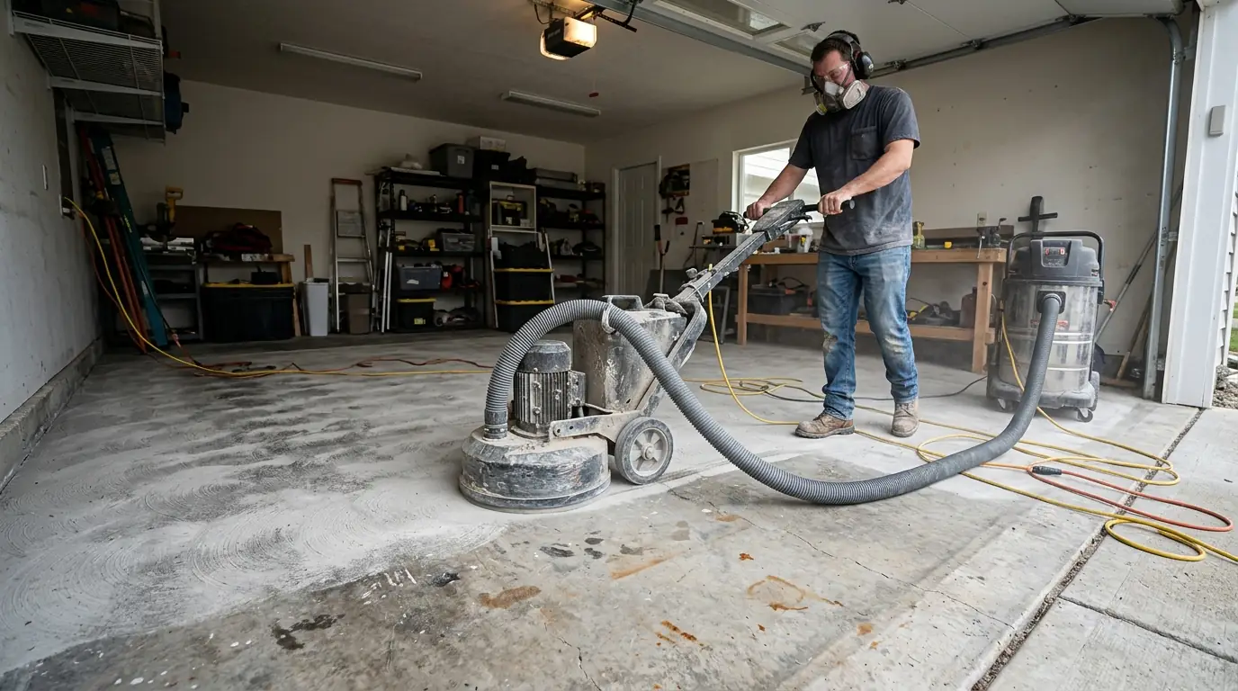 Diamond floor grinder with a vacuum hose preparing a bare concrete garage slab before epoxy coating