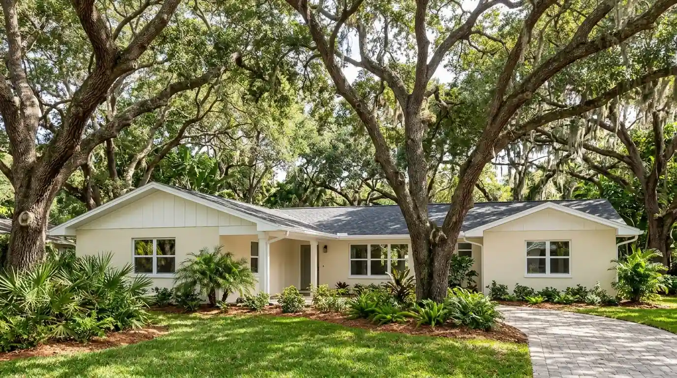 Single-story Sarasota home in Bayou Oaks with freshly painted cream stucco and white fascia beneath a canopy of mature live oaks
