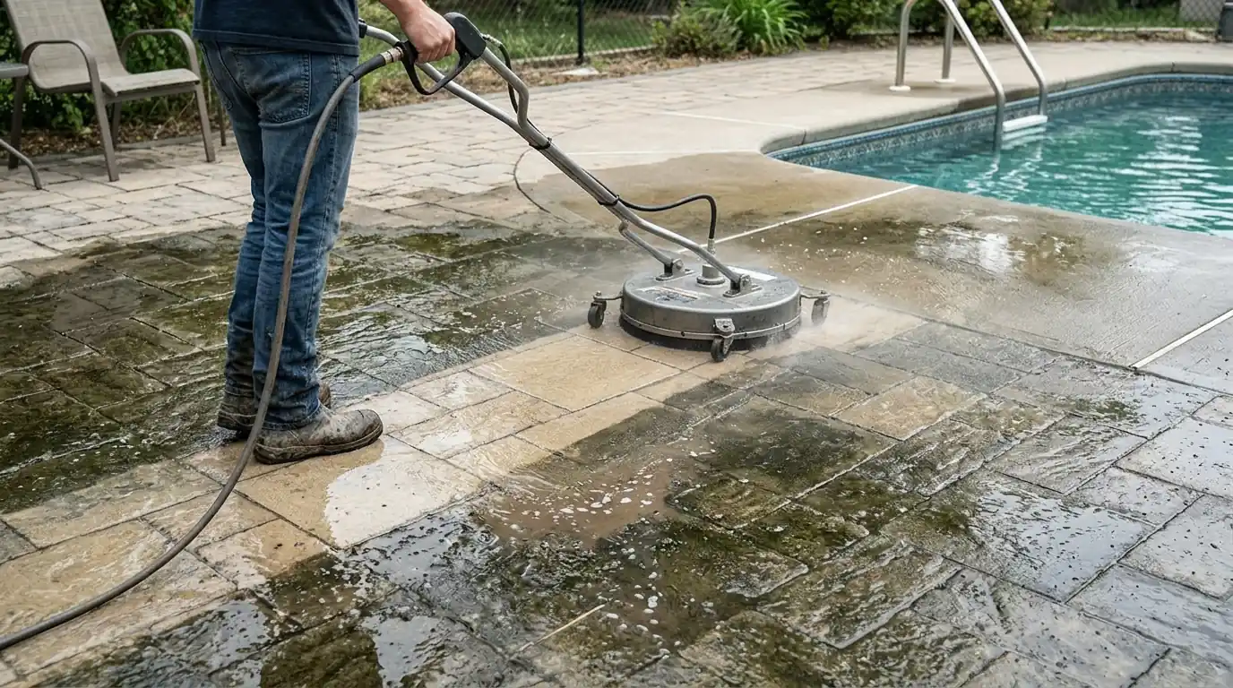 Rotary surface cleaner leaving a clean bright stripe across mildew-darkened pavers beside a pool