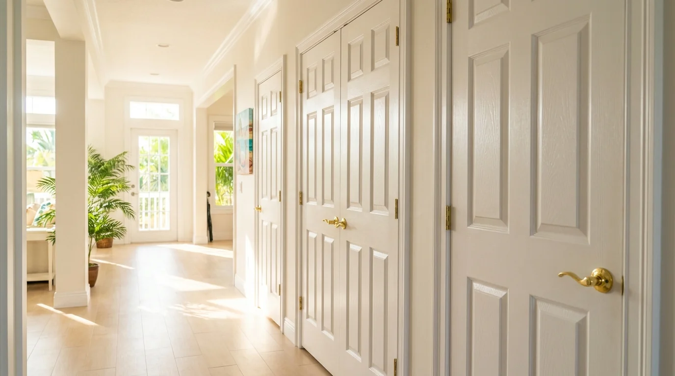 Row of white six-panel interior doors with polished hardware in a sunny hallway of a Florida home