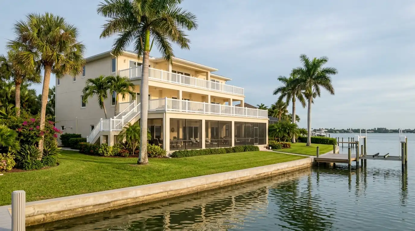 Bayfront home in Harbor Acres, Sarasota, with freshly painted pale sand stucco, white railings and a screened lanai facing calm water
