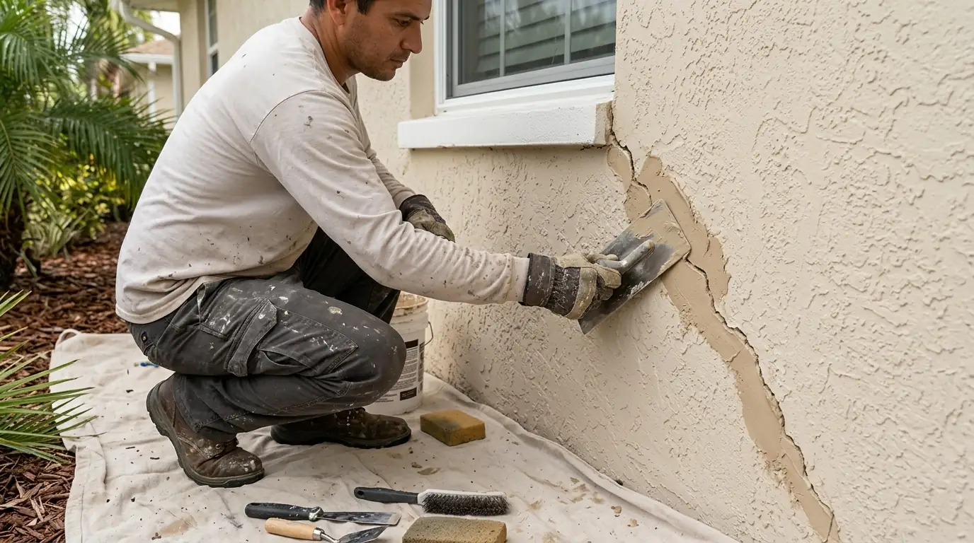 Worker filling a diagonal crack below a window in beige stucco on a Florida block home, trowel in a gloved hand