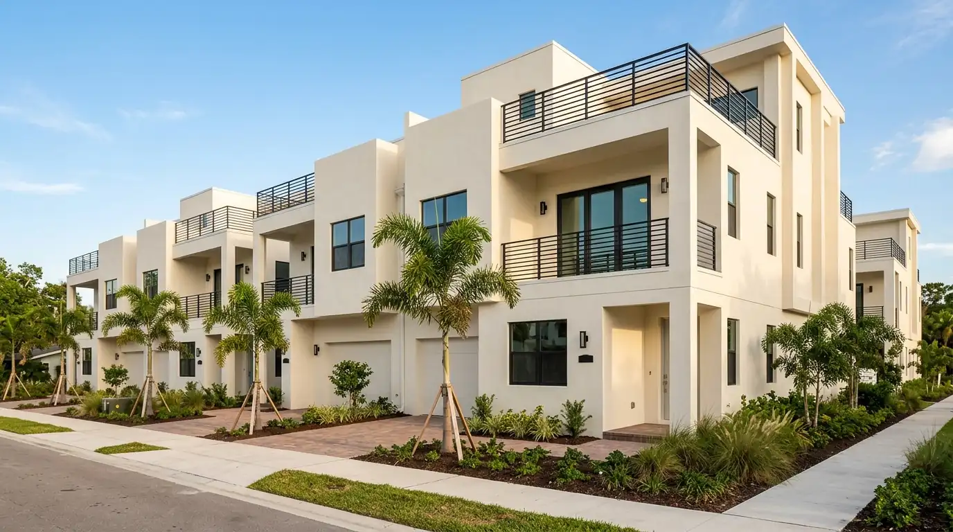 Row of modern stucco townhomes in the Rosemary District of Sarasota with fresh warm white paint, black metal railings and young palm trees