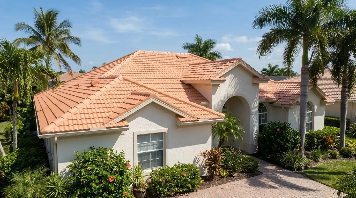 Freshly coated light terracotta concrete tile roof gleaming in sun on a Sarasota stucco home with palms