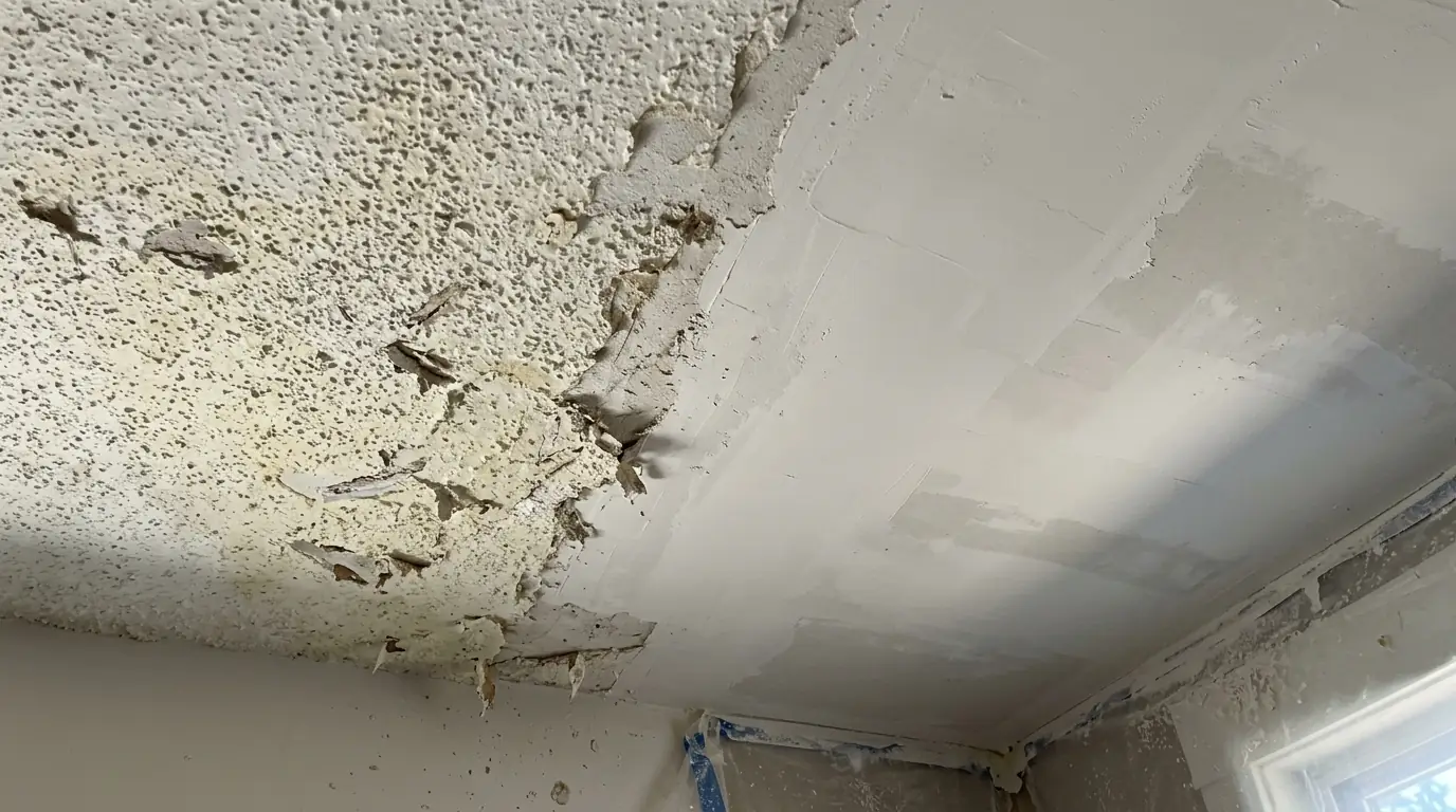 Half-scraped ceiling showing rough popcorn texture beside a smooth freshly skim coated section of drywall