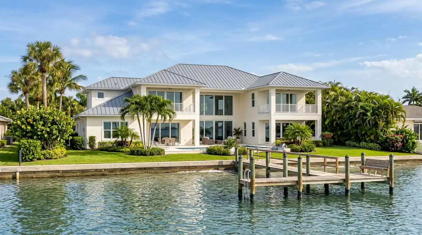 Waterfront home in Bay Point, Sarasota, with freshly painted soft white stucco, a gray metal roof and a sunlit dock on the bay