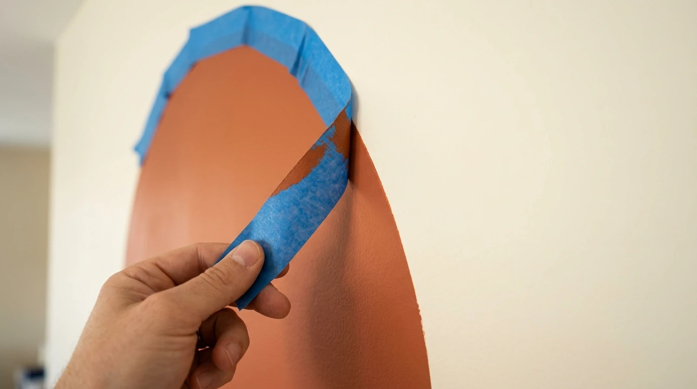 Painter's tape being peeled from a crisp terracotta painted arch on a cream wall
