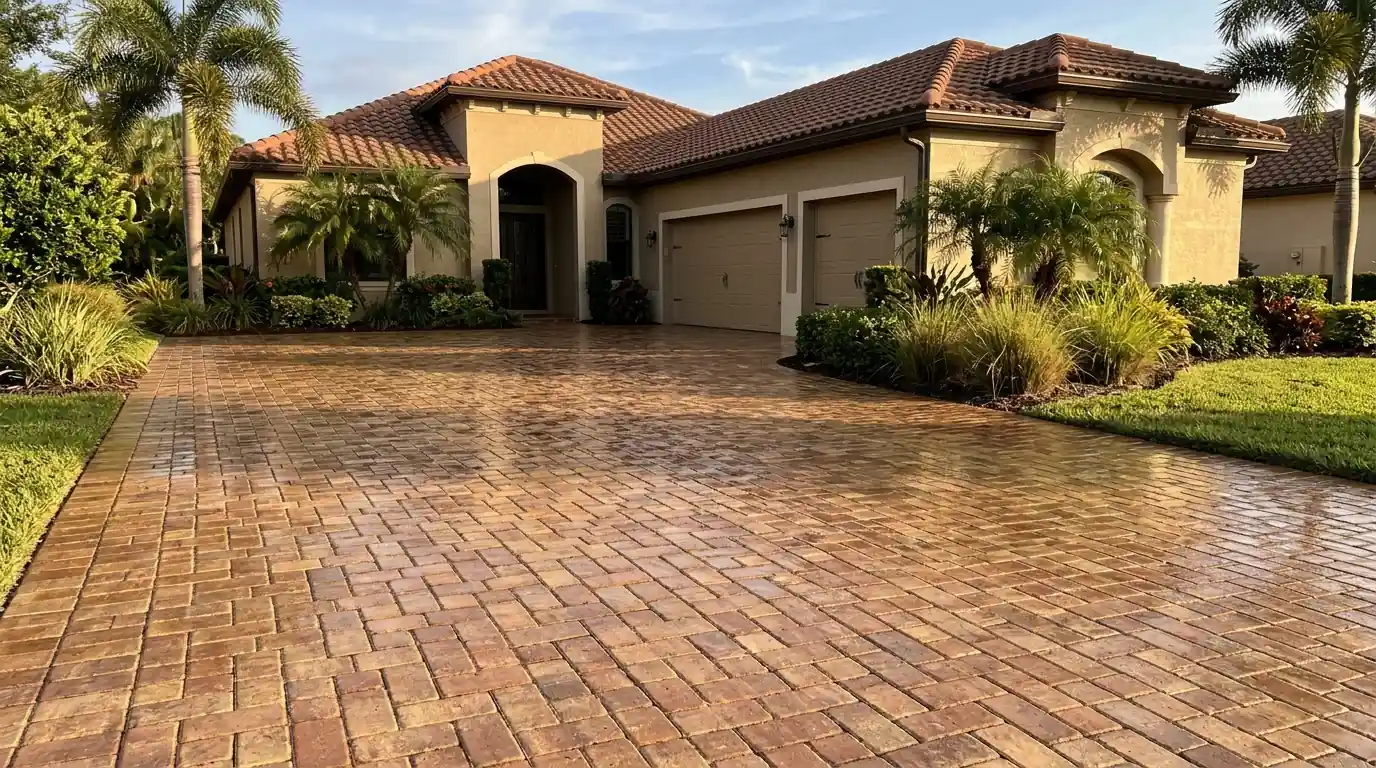 Freshly sealed tan and red brick paver driveway glistening in afternoon sun in front of a Sarasota stucco home