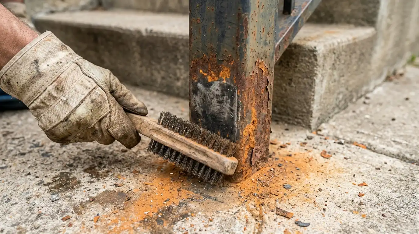 Wire brush removing orange rust from the base of a steel stair railing post set in concrete