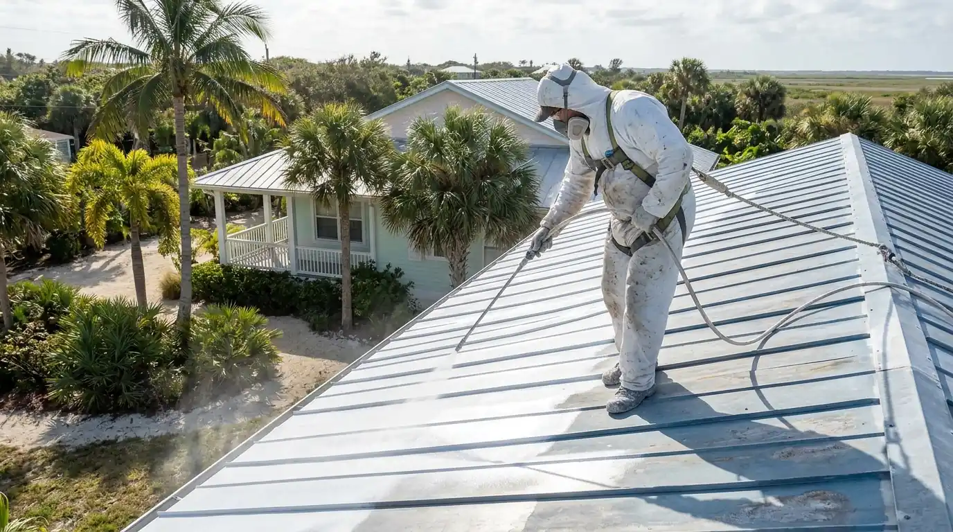 Sprayer applying white reflective coating to a standing seam metal roof on a coastal Florida cottage