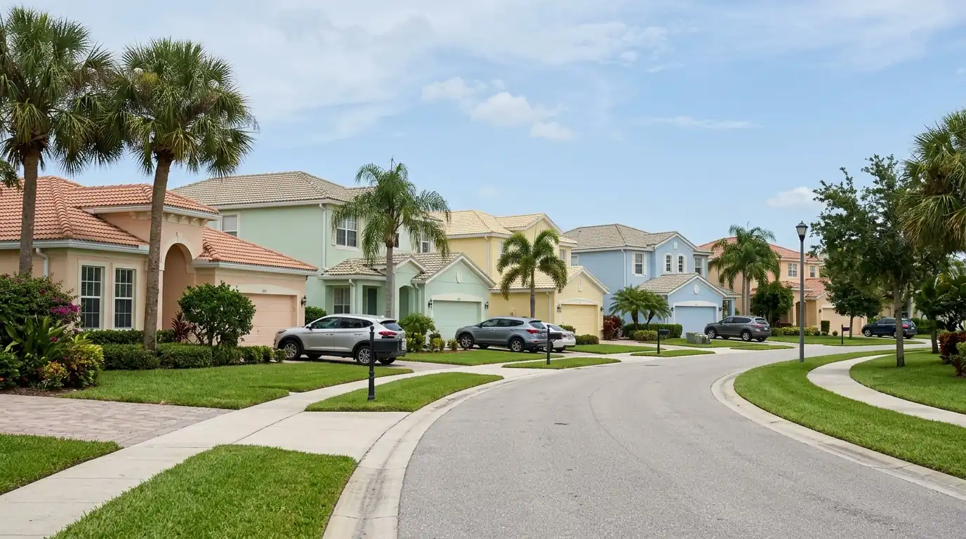 Row of coordinated pastel stucco homes along a curving street in a Sarasota County planned community