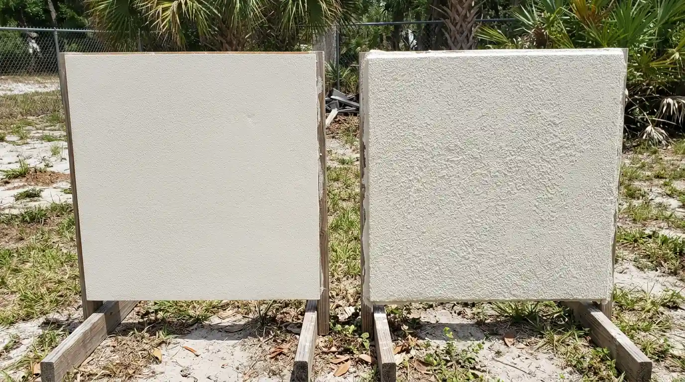 Side by side stucco test panels showing a smooth acrylic finish and a thicker elastomeric finish in Florida sunlight