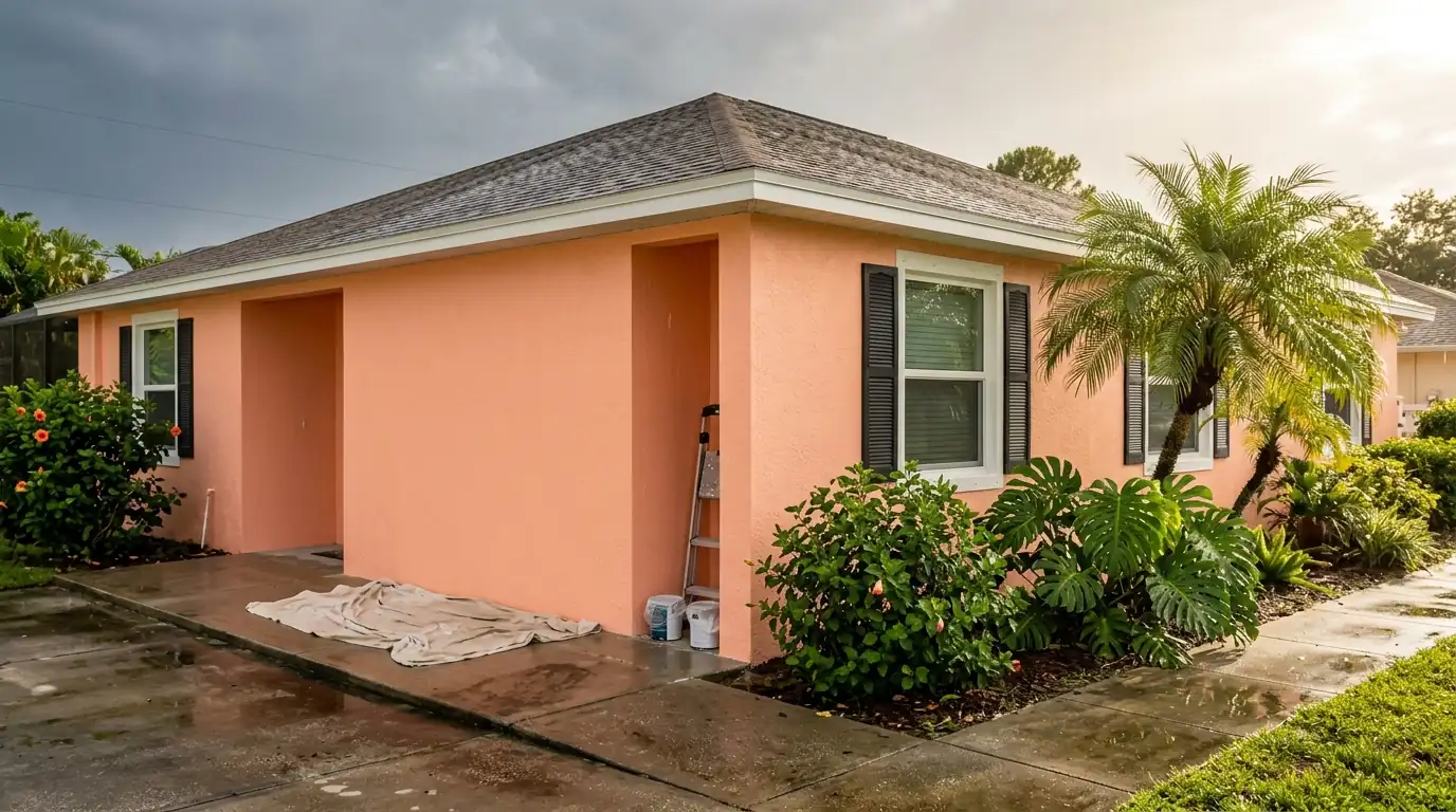 Freshly painted Florida house wall drying under a clearing sky after a summer afternoon rain shower