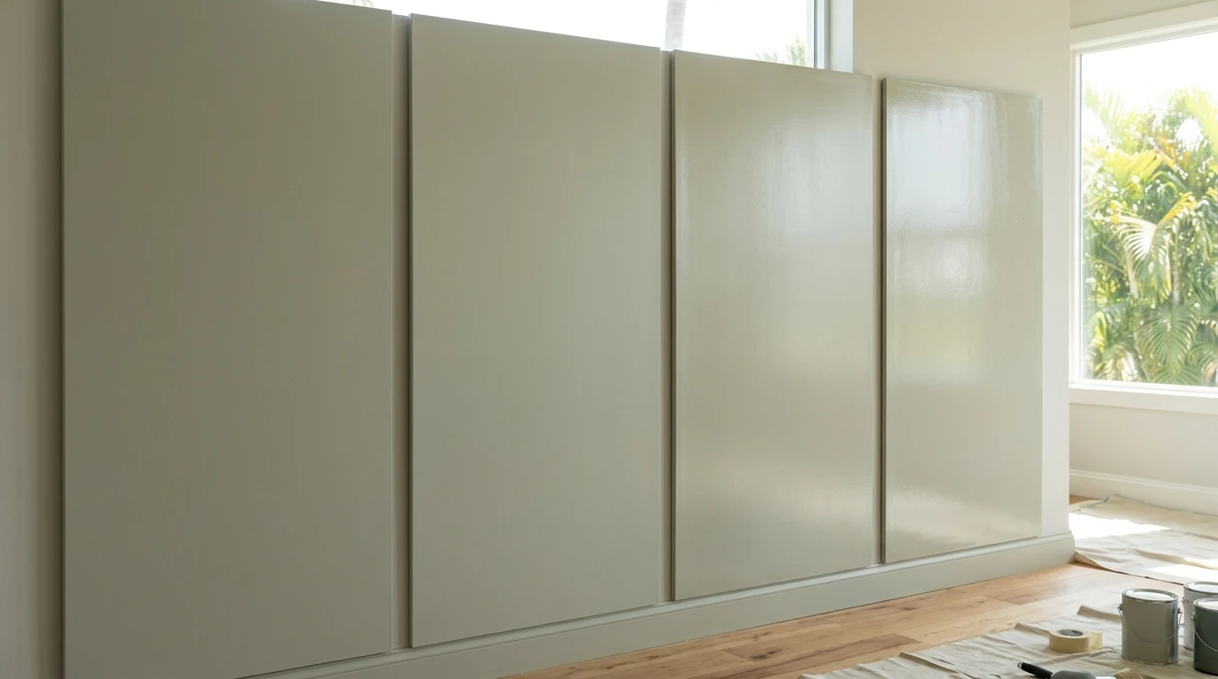 Side by side interior wall samples showing matte, eggshell, satin and semi-gloss sheens in bright Florida window light