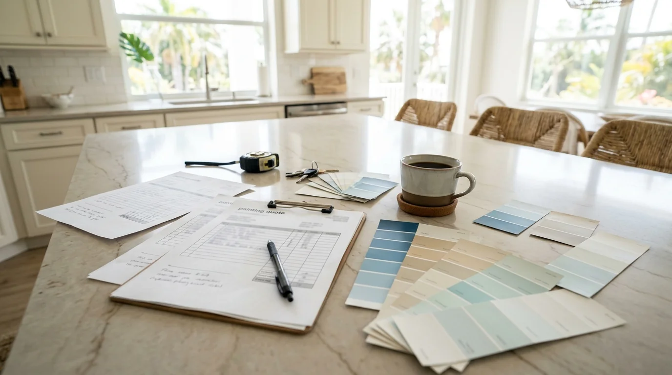 Painting quote papers and color swatches spread on a kitchen island in a bright Sarasota home beside a coffee cup