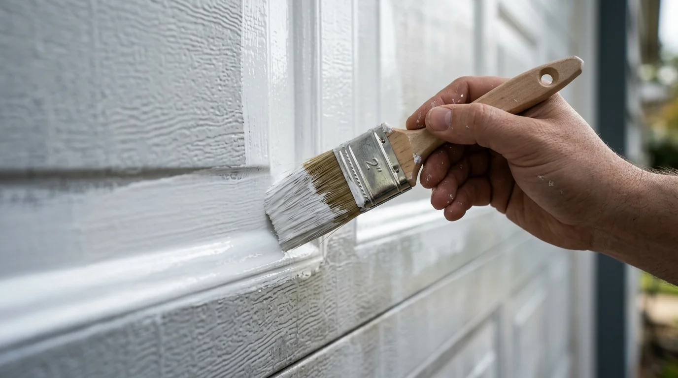 Close-up of a painter brushing white enamel into the raised panel edges of a steel garage door