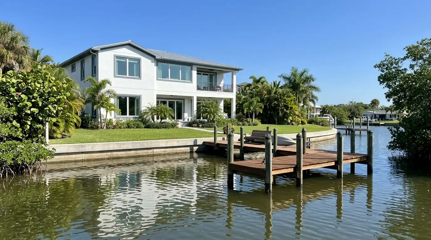 Waterfront Sarasota home on Hudson Bayou with fresh white stucco, slate gray trim and a stained wood dock under a clear sky