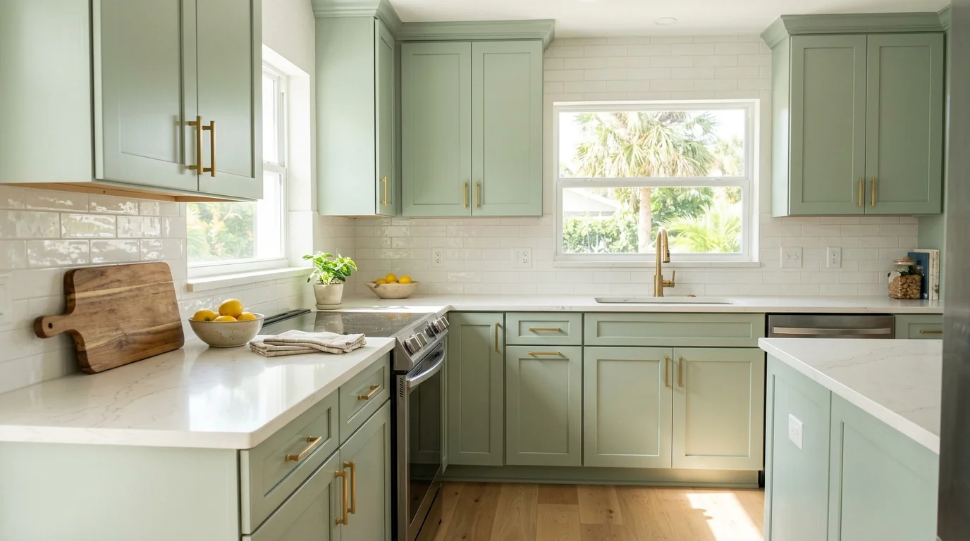 Bright Sarasota kitchen with cabinets freshly painted soft sage green, white quartz counters and brushed brass pulls