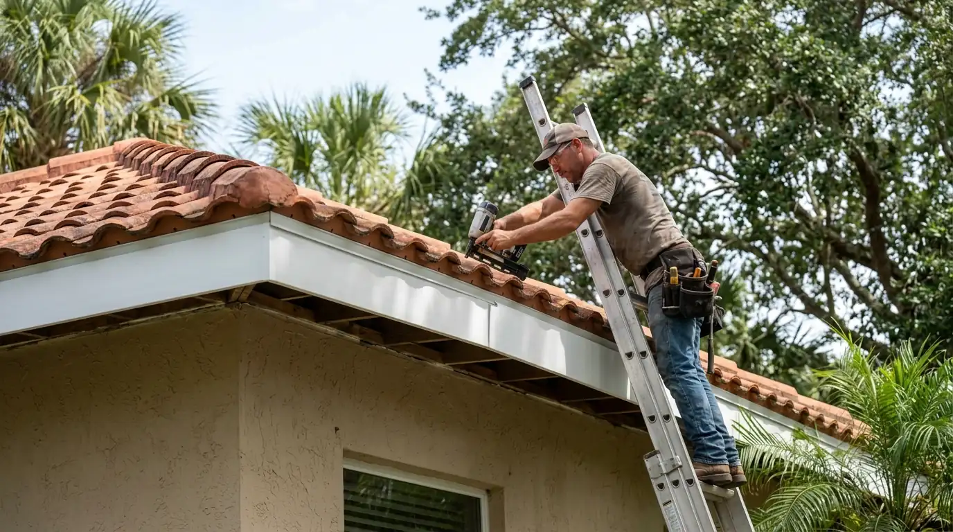 Carpenter fitting a new white PVC fascia board beneath a terracotta tile roof on a Sarasota home