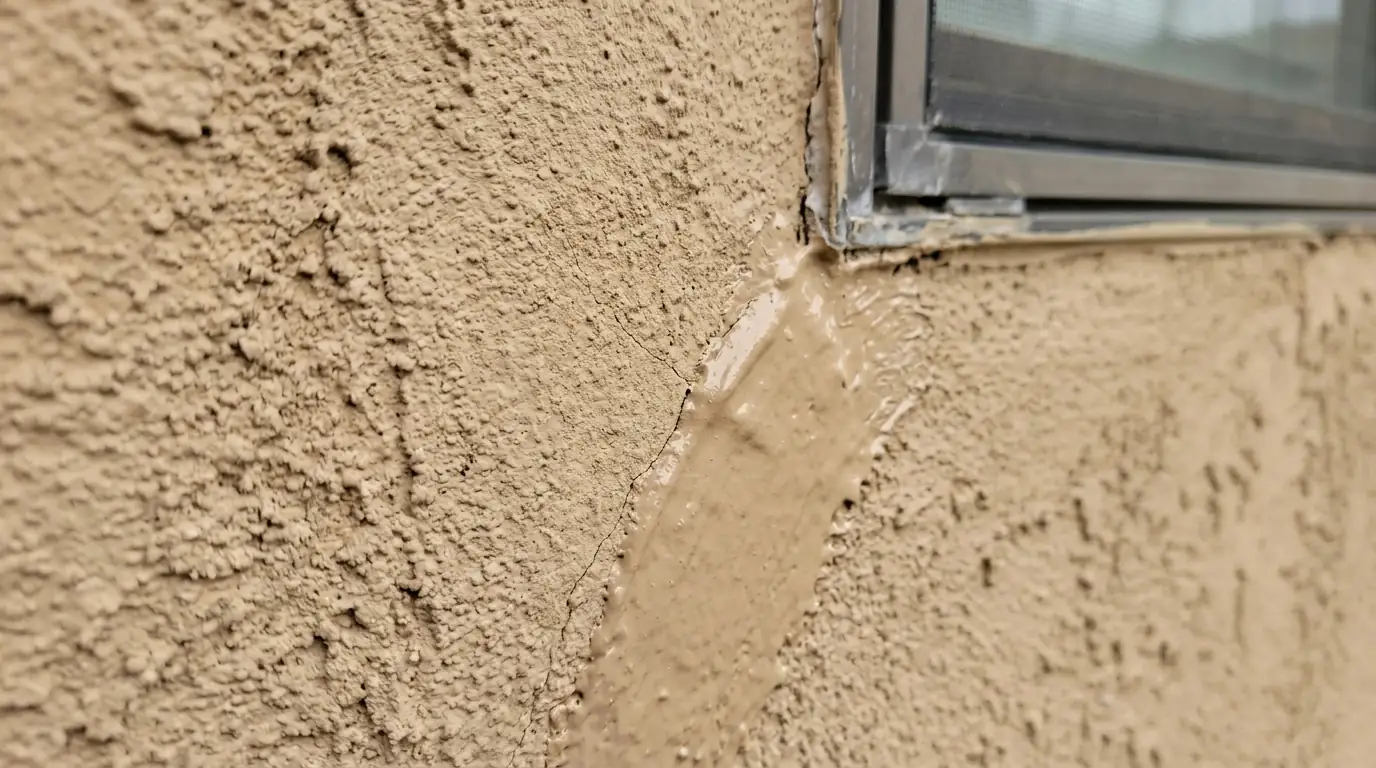 Close-up of fresh elastomeric coating bridging a hairline crack in textured tan stucco near a window corner