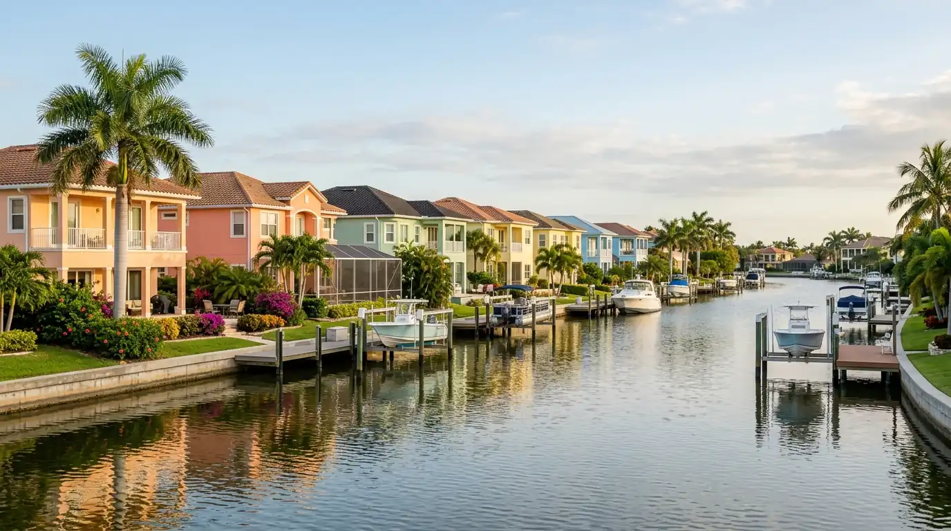 Row of colorful stucco homes along a canal in a Sarasota County neighborhood with boats at docks