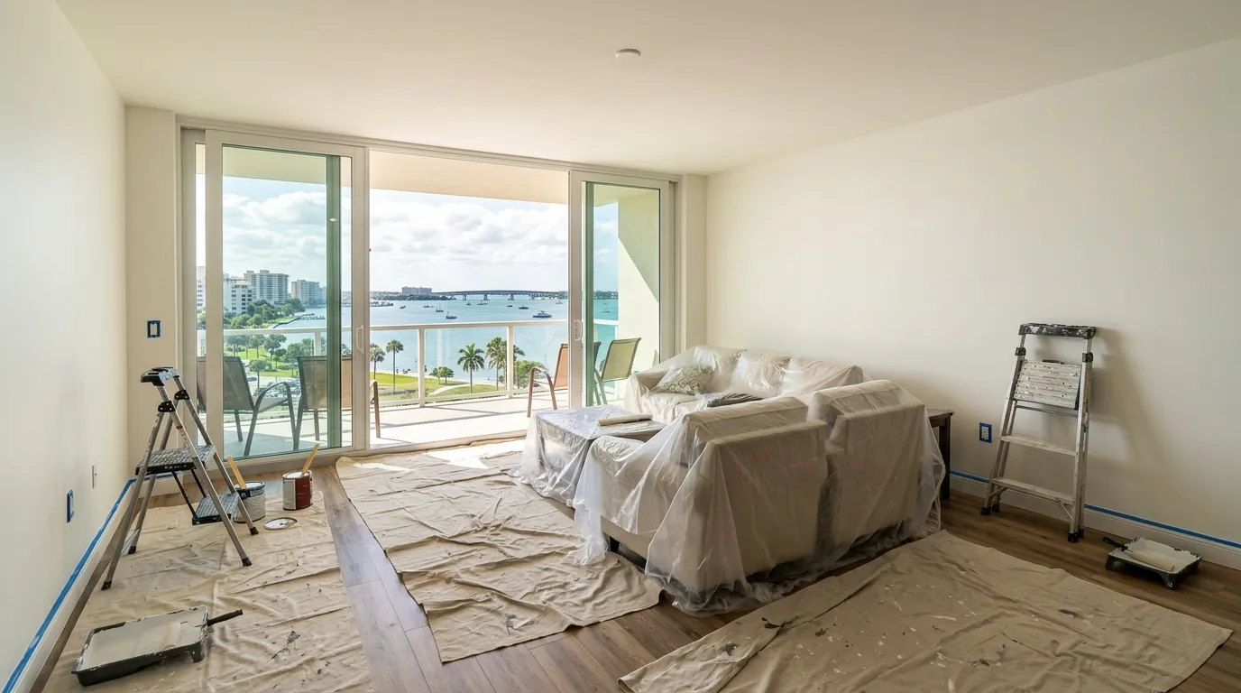 Sunlit Downtown Sarasota condo living room with freshly painted soft white walls, drop cloths on the floor and a balcony view of the bay