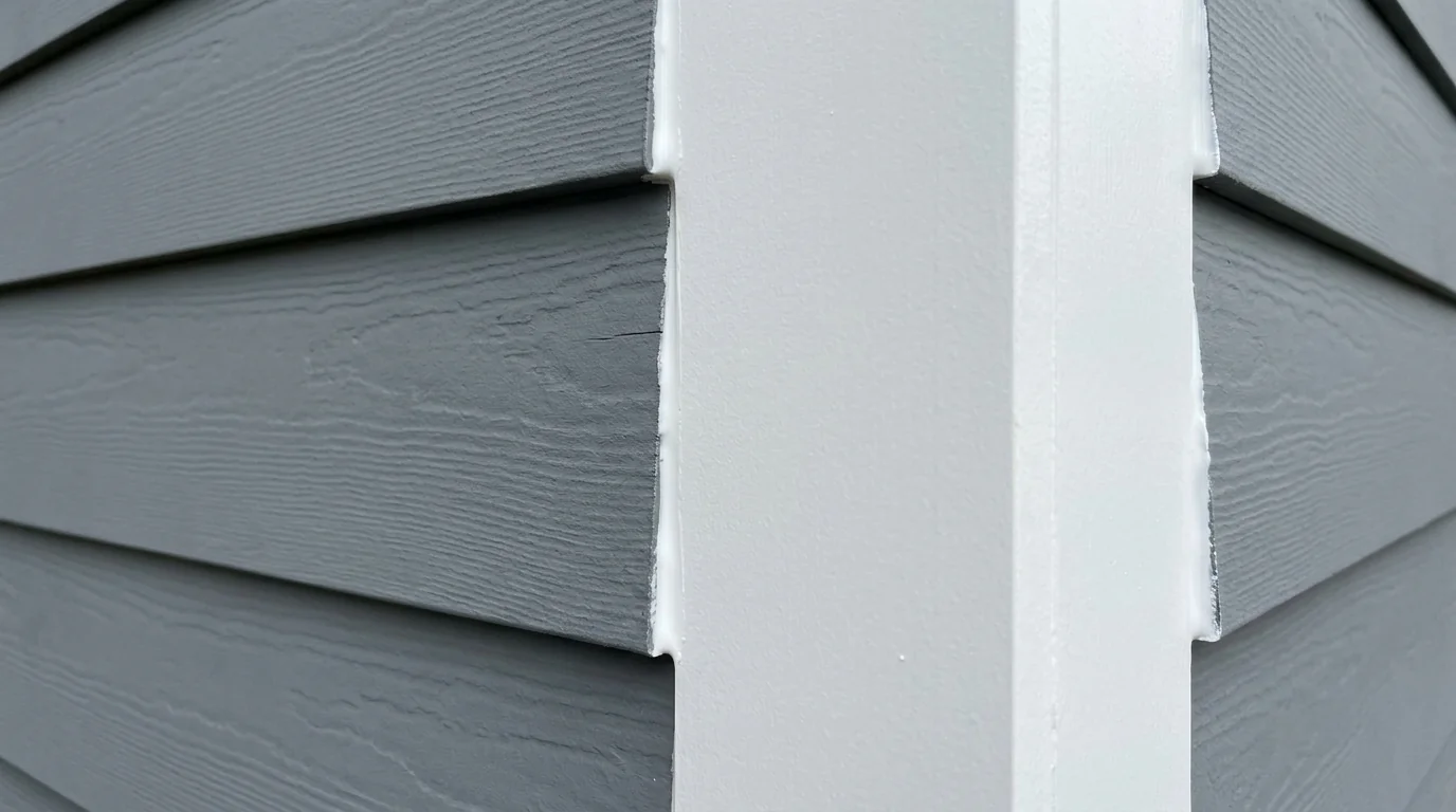 Close-up of freshly caulked fiber cement siding corner with crisp white trim and new paint