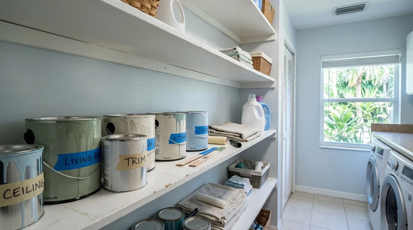 Labeled leftover interior paint cans stored on a shelf inside a cool Florida laundry room after a painting job