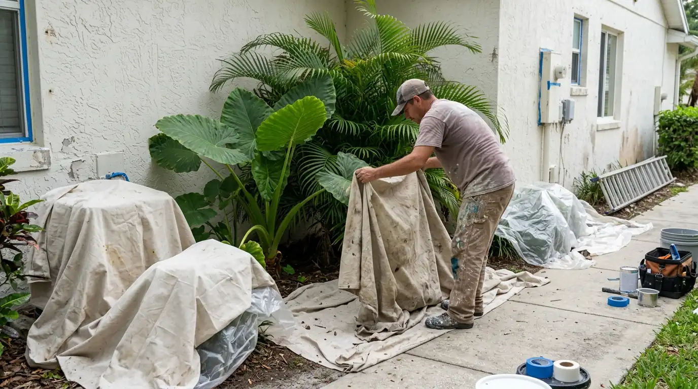 Painter protecting tropical plants with drop cloths next to a stucco wall before exterior painting