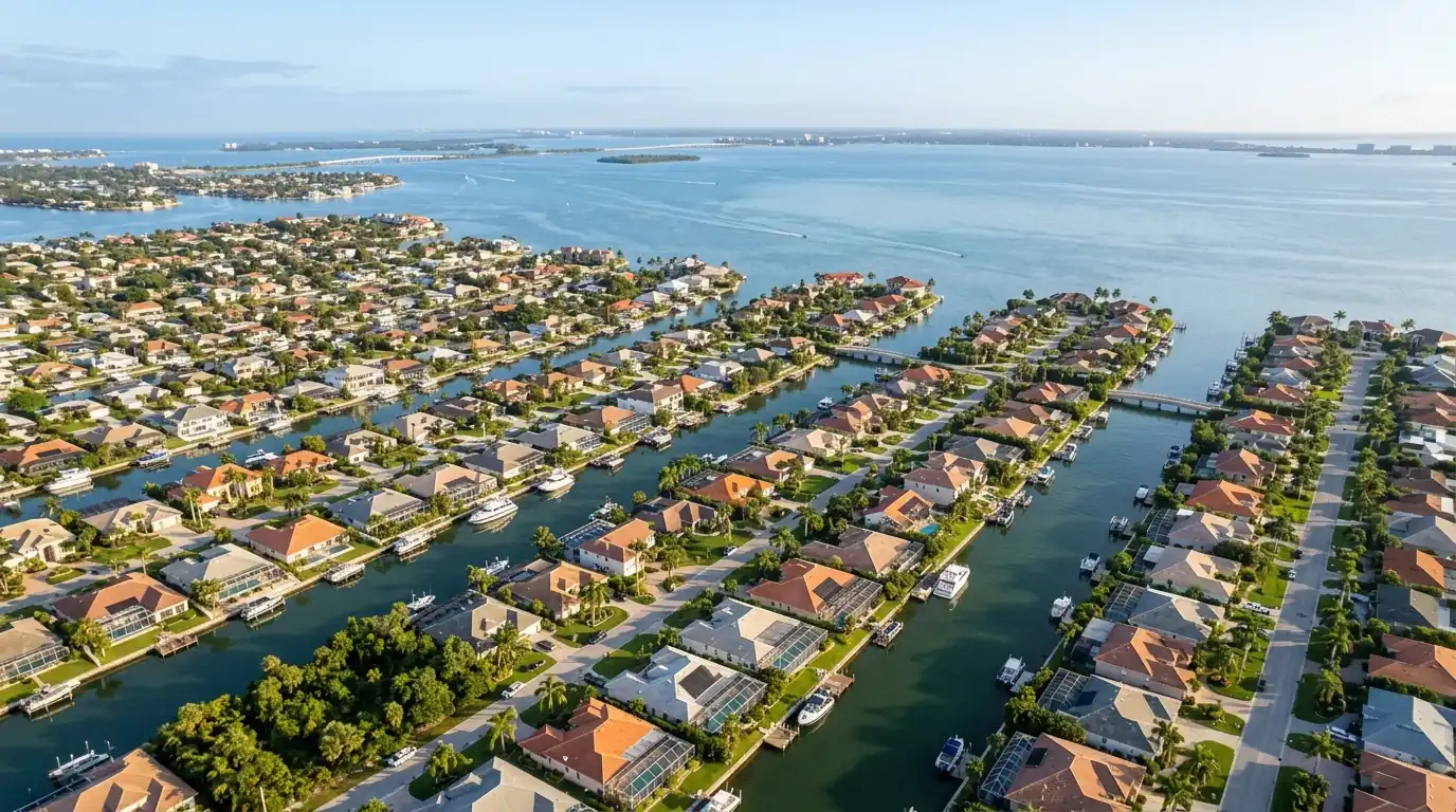 Aerial view of Sarasota neighborhoods with stucco homes, canals and the bay under a clear morning sky