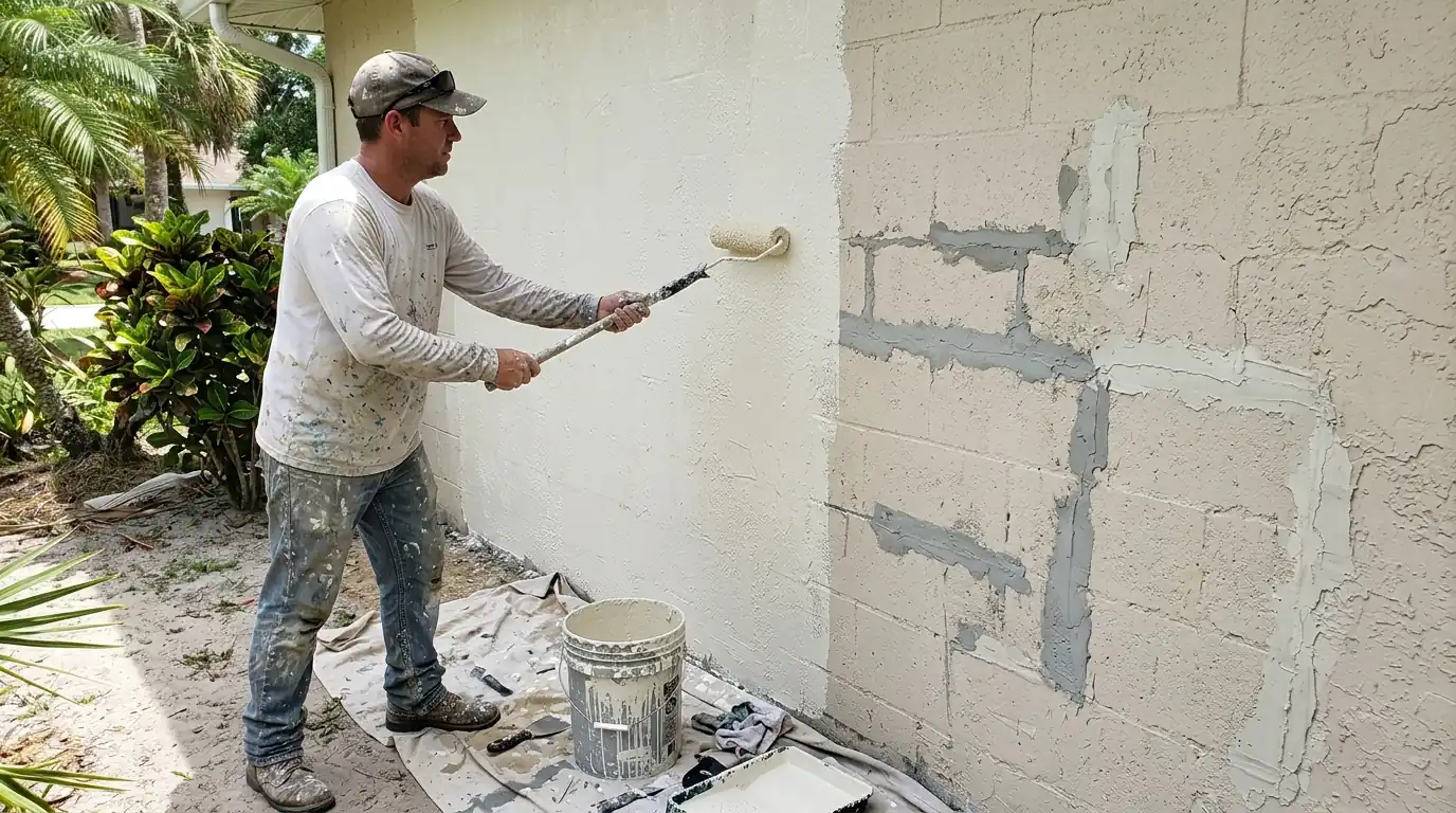 Painter rolling thick elastomeric coating over patched hairline cracks on a block-and-stucco wall in Sarasota