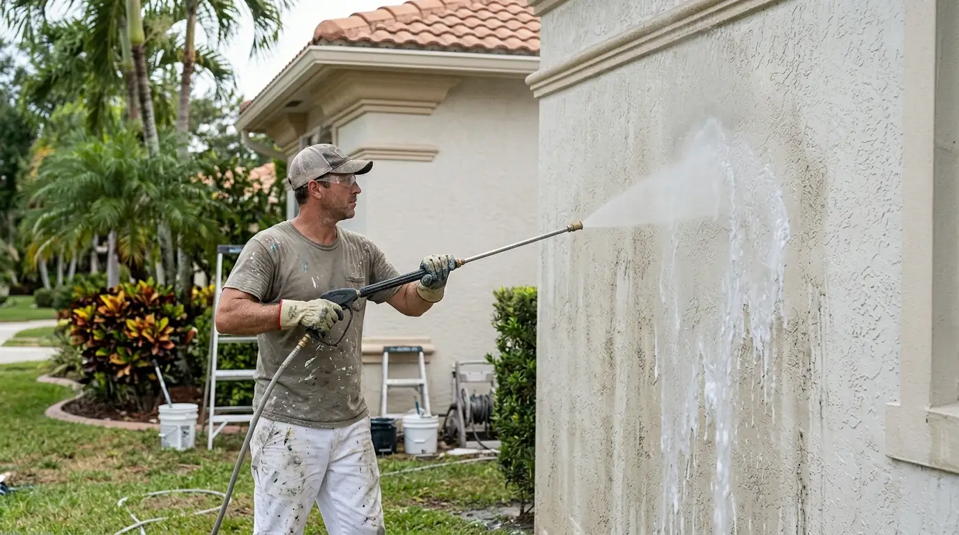 Painter soft washing a stucco wall with low pressure spray before repainting a Florida home