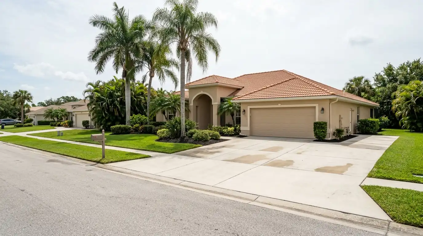 Single-story beige stucco home with tile roof, lush palms and a freshly cleaned driveway on a North Port street